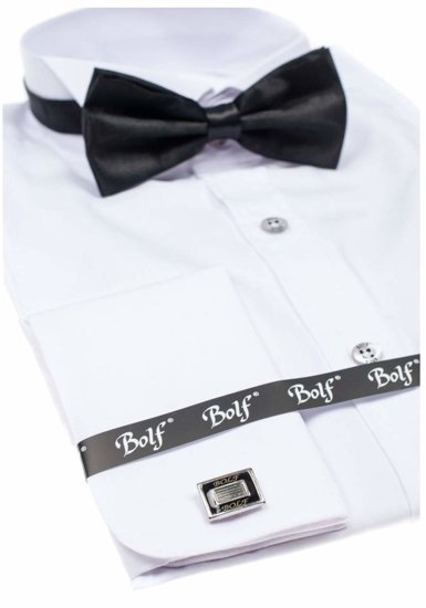 Camisa elegante de manga larga blanca para hombre Bolf 4702 Pajarita y gemelos