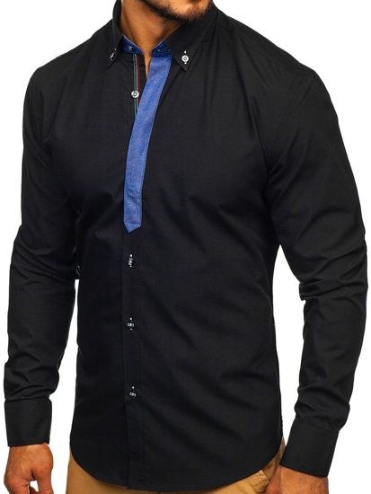 Camisa elegante de manga larga negra para hombre Bolf 3725