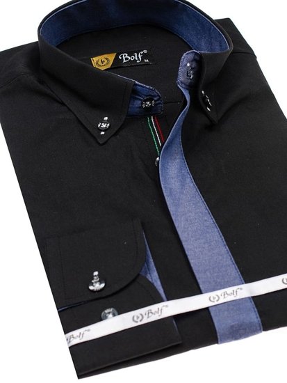 Camisa elegante de manga larga negra para hombre Bolf 3725