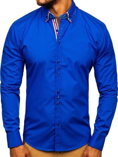 Camisa elegante de manga larga para hombre azul medio Bolf 0926