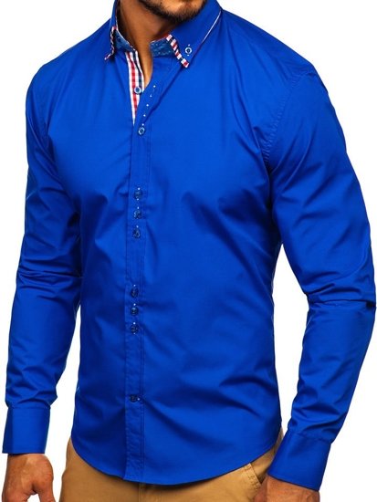 Camisa elegante de manga larga para hombre azul medio Bolf 0926