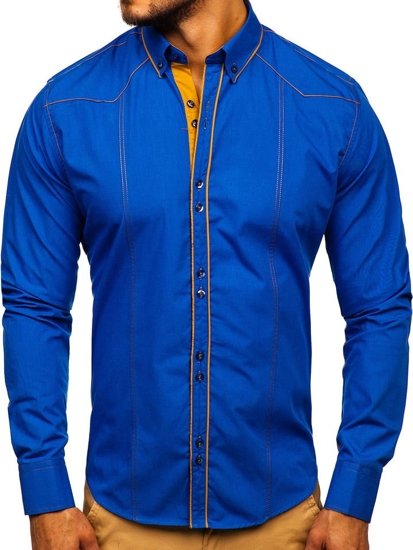 Camisa elegante de manga larga para hombre azul medio Bolf 4777