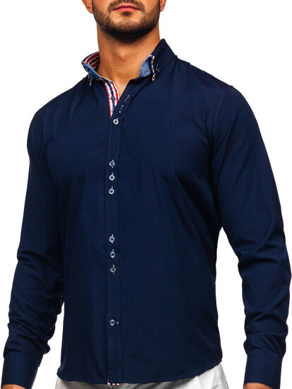 Camisa elegante de manga larga para hombre azul oscuro Bolf 0926