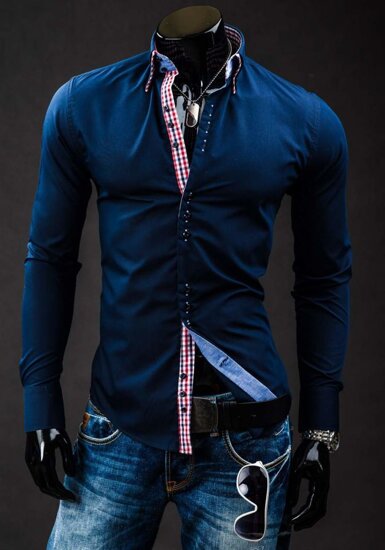 Camisa elegante de manga larga para hombre azul oscuro Bolf 0926A