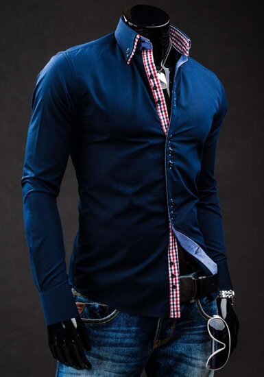 Camisa elegante de manga larga para hombre azul oscuro Bolf 0926A