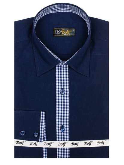 Camisa elegante de manga larga para hombre azul oscuro Bolf 0939