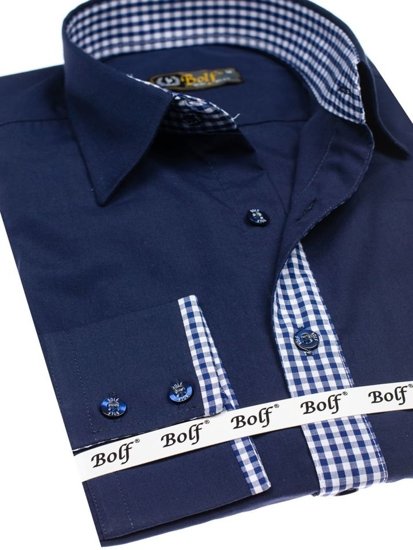 Camisa elegante de manga larga para hombre azul oscuro Bolf 0939