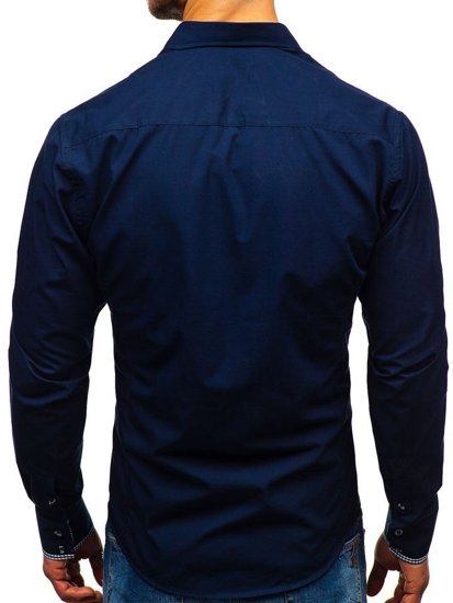 Camisa elegante de manga larga para hombre azul oscuro Bolf 0939