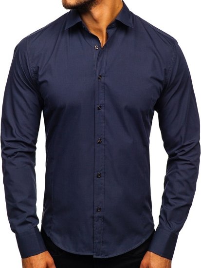 Camisa elegante de manga larga para hombre azul oscuro Bolf 1703