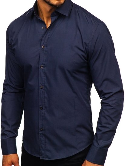 Camisa elegante de manga larga para hombre azul oscuro Bolf 1703