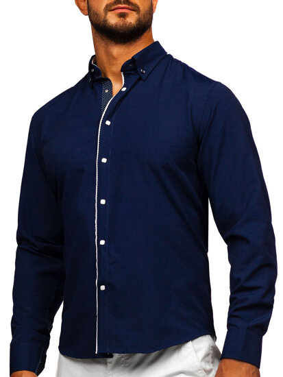 Camisa elegante de manga larga para hombre azul oscuro Bolf 17724