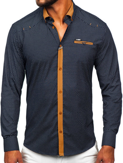 Camisa elegante de manga larga para hombre azul oscuro Bolf 19603