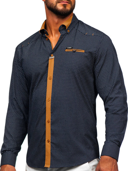 Camisa elegante de manga larga para hombre azul oscuro Bolf 19603