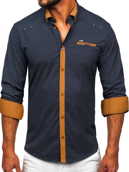 Camisa elegante de manga larga para hombre azul oscuro Bolf 19603