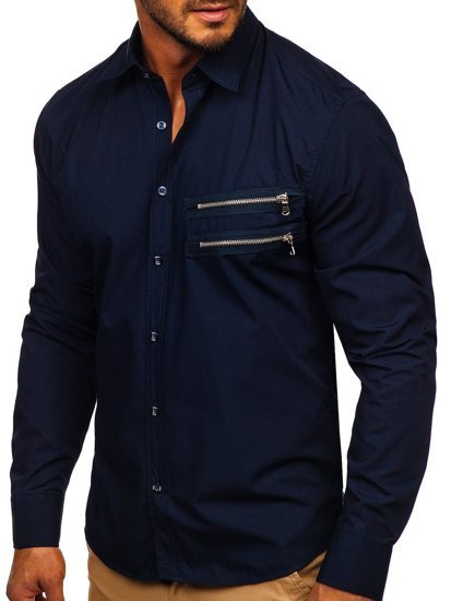 Camisa elegante de manga larga para hombre azul oscuro Bolf 20703