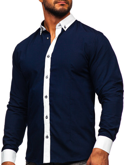 Camisa elegante de manga larga para hombre azul oscuro Bolf 21750