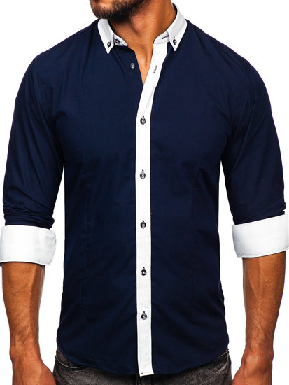 Camisa elegante de manga larga para hombre azul oscuro Bolf 21750