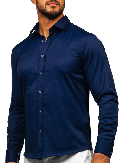 Camisa elegante de manga larga para hombre azul oscuro Bolf 24702