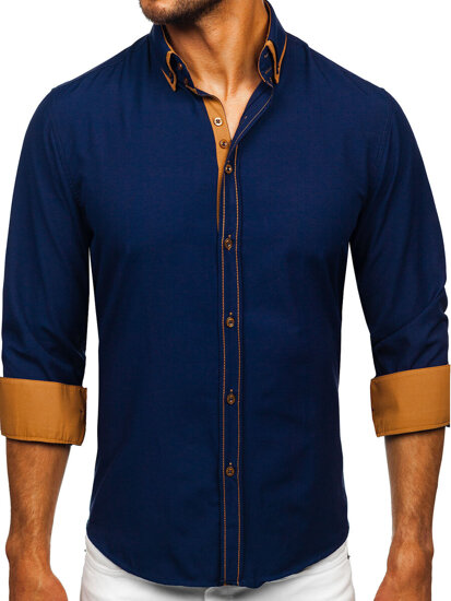 Camisa elegante de manga larga para hombre azul oscuro Bolf 3703