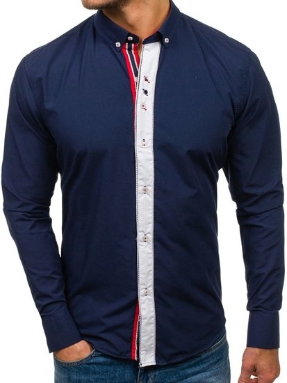 Camisa elegante de manga larga para hombre azul oscuro Bolf 5827-1