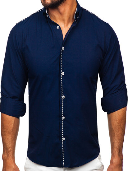 Camisa elegante de manga larga para hombre azul oscuro Bolf 6920