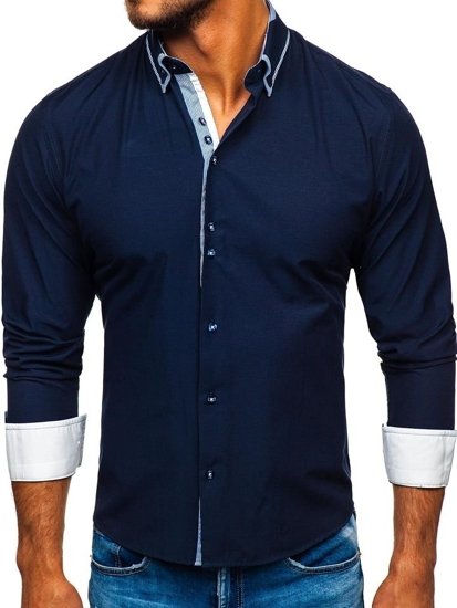 Camisa elegante de manga larga para hombre azul oscuro Bolf 6929-A