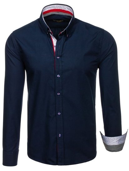 Camisa elegante de manga larga para hombre azul oscuro Bolf 8839