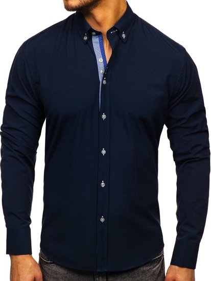 Camisa elegante de manga larga para hombre azul oscuro Bolf 8840-1