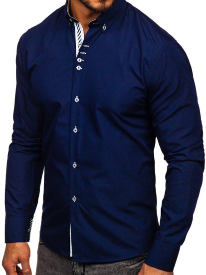 Camisa elegante de manga larga para hombre azul oscuro oscuro Bolf 5796