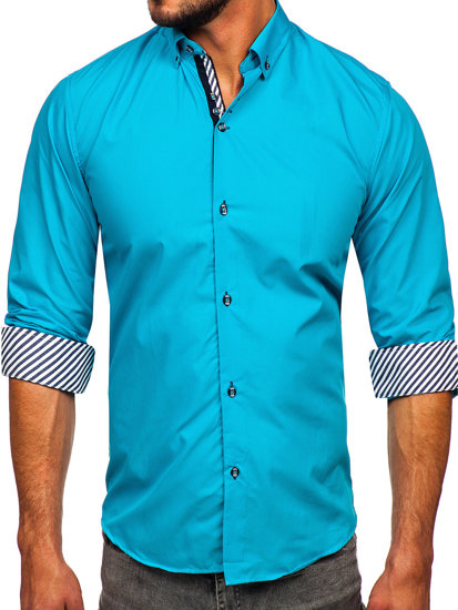 Camisa elegante de manga larga para hombre azul turquesa Bolf 5796-1