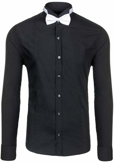 Camisa elegante de manga larga para hombre negra Bolf 4702-A pajarita+gemelos