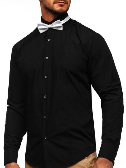 Camisa elegante de manga larga para hombre negra Bolf 4702-A pajarita+gemelos