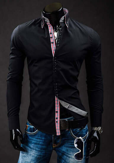 Camisa elegante de manga larga para hombre negro Bolf 0926A