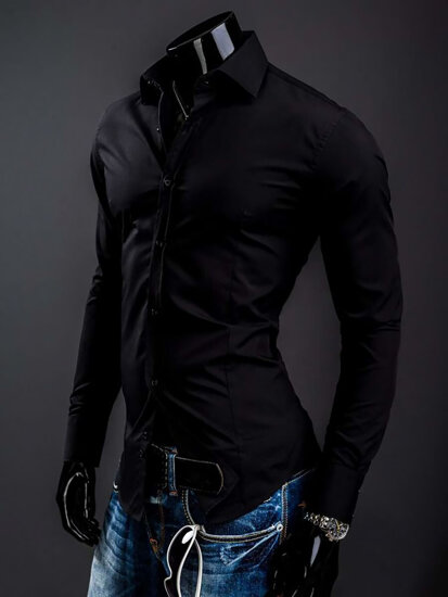 Camisa elegante de manga larga para hombre negro Bolf 1703A