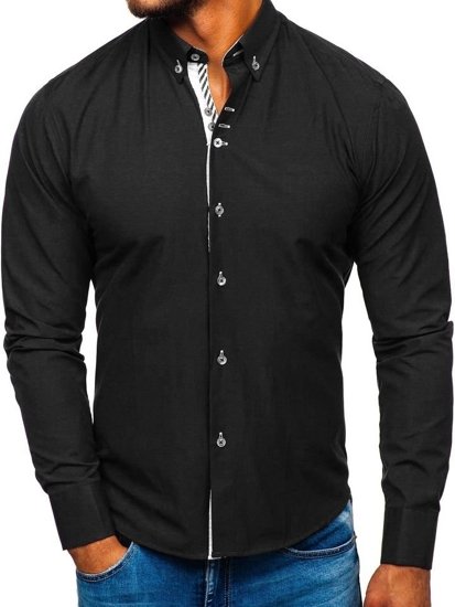 Camisa elegante de manga larga para hombre negro Bolf 5796-1