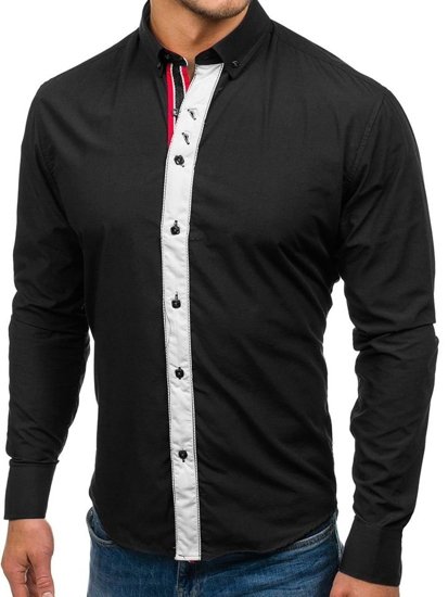 Camisa elegante de manga larga para hombre negro Bolf 5827