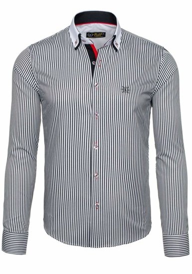 Camisa elegante de rayas con mangas largas para hombre blanca y negra Bolf 5758