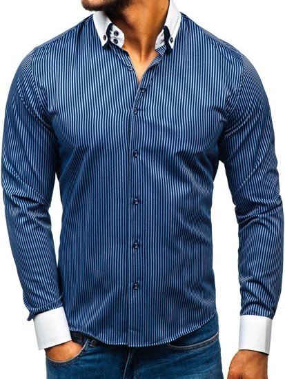 Camisa elegante de rayas de manga larga para hombre azul oscuro Bolf 0909-A