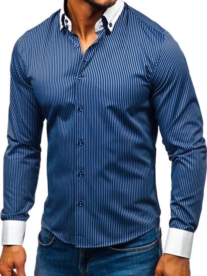 Camisa elegante de rayas de manga larga para hombre azul oscuro Bolf 0909-A