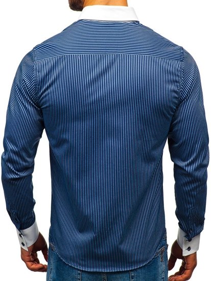 Camisa elegante de rayas de manga larga para hombre azul oscuro Bolf 0909-A