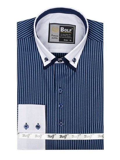 Camisa elegante de rayas de manga larga para hombre azul oscuro Bolf 0909-A