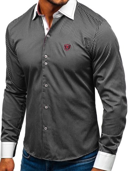 Camisa elegante de rayas de manga larga para hombre negra Bolf 4784-A