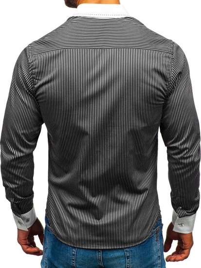 Camisa elegante de rayas de manga larga para hombre negra Bolf 4784-A