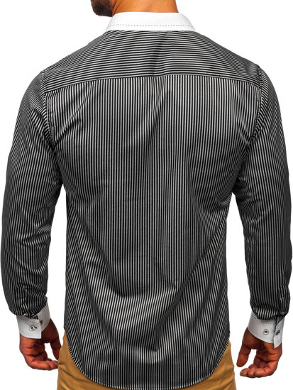 Camisa elegante de rayas de manga larga para hombre negro Bolf 4785