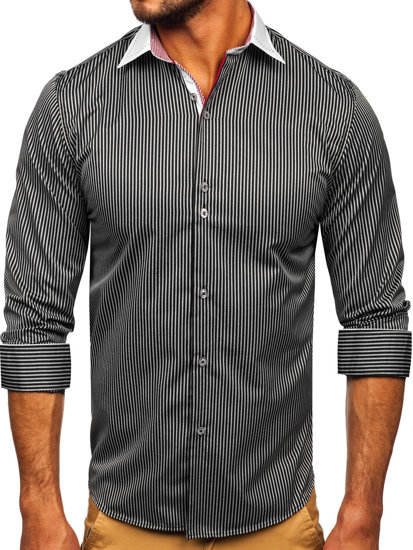 Camisa elegante de rayas de manga larga para hombre negro Bolf 4785