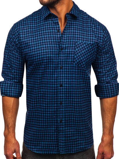 Camisa flanela a cuadros de manga larga para hombre azul oscuro Bolf F4