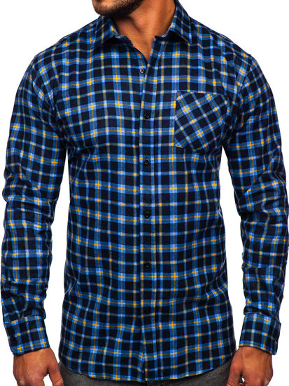 Camisa flanela a cuadros de manga larga para hombre azul y amarillo Bolf F4