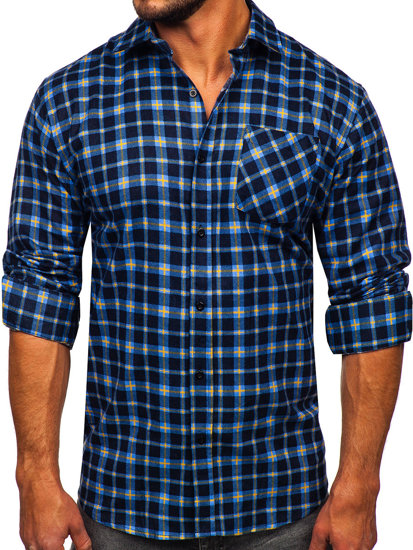 Camisa flanela a cuadros de manga larga para hombre azul y amarillo Bolf F4