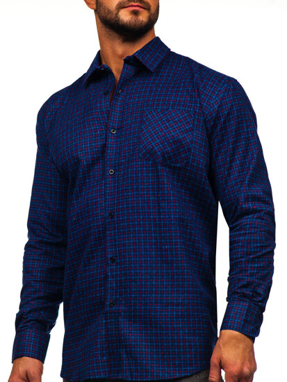 Camisa franela a cuadros de manga larga para hombre azul oscuro Bolf F5