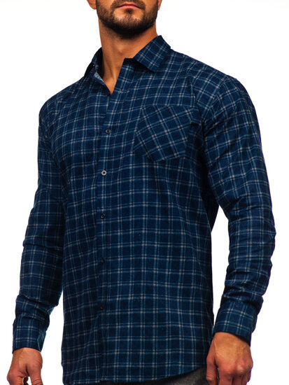 Camisa franela a cuadros de manga larga para hombre azul oscuro Bolf F6